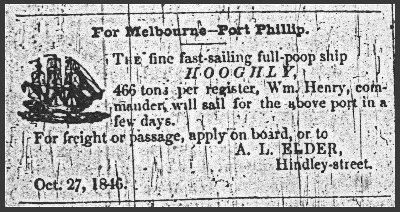 Advert calling for Hooghly passengers and cargo to Melb 1846